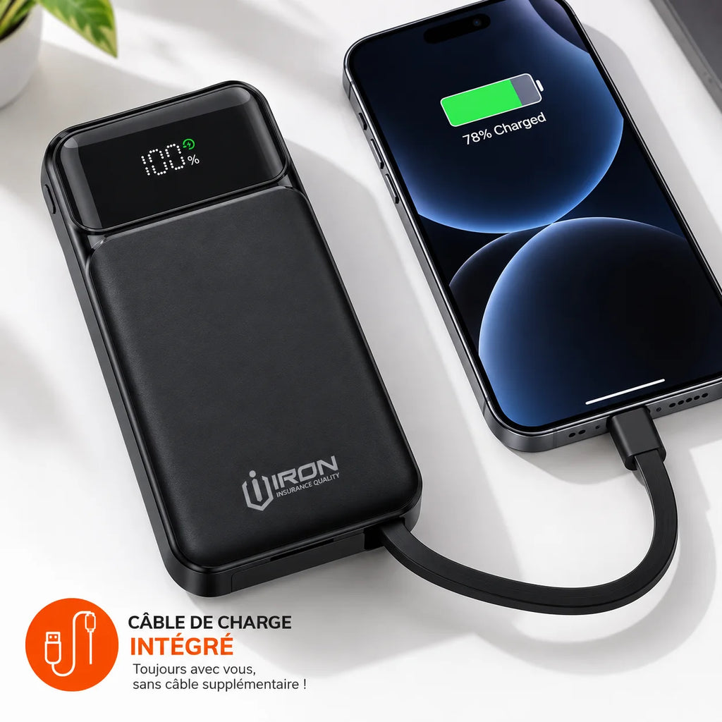 باور بانك IRON 10000 مللي أمبير – Power Bank IR-010 | شحن سريع 22.5W مع كابل مدمج وشاشة رقمية