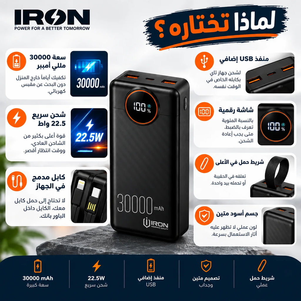باور بانك IRON 30000 مللي أمبير – Power Bank | شحن سريع 22.5W مع كابل مدمج وشاشة رقمية