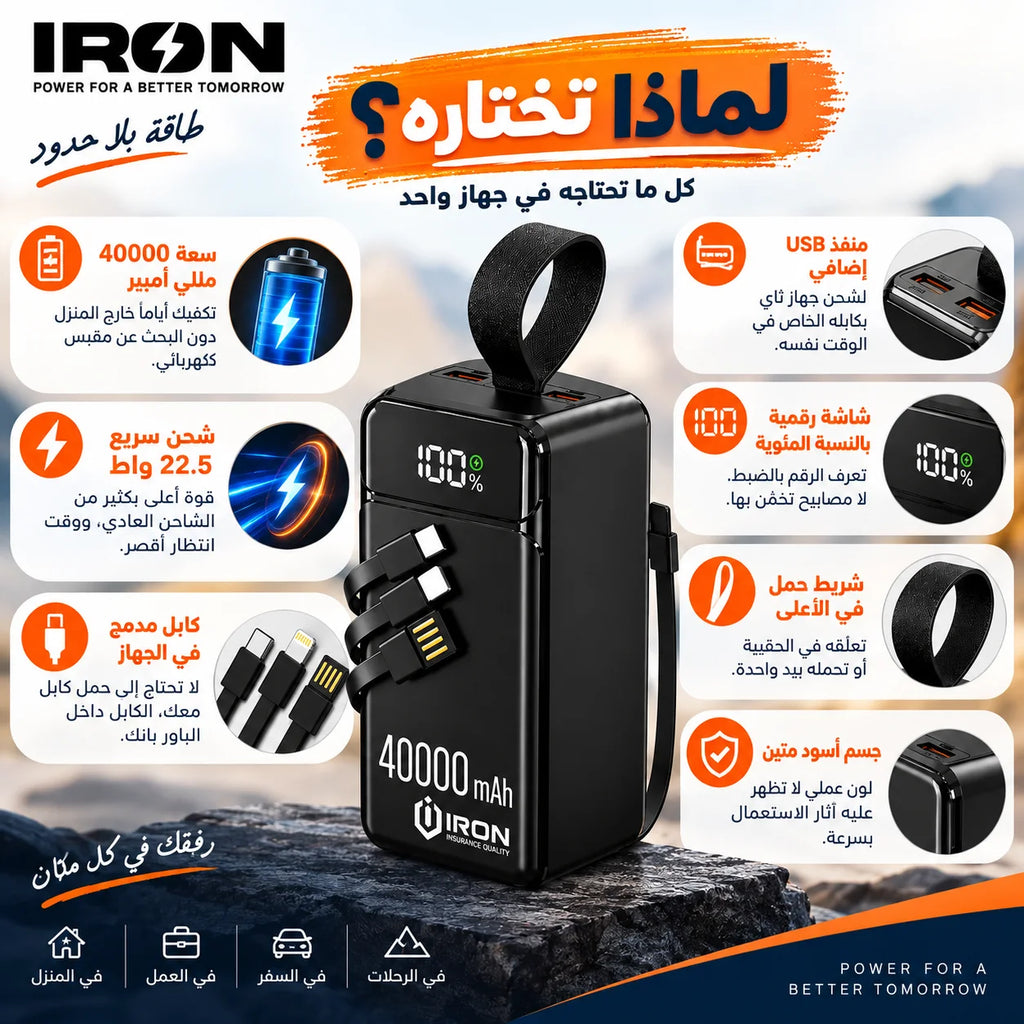 باور بانك IRON 40000 مللي أمبير – Power Bank | شحن سريع 22.5W مع كابل مدمج وشاشة رقمية