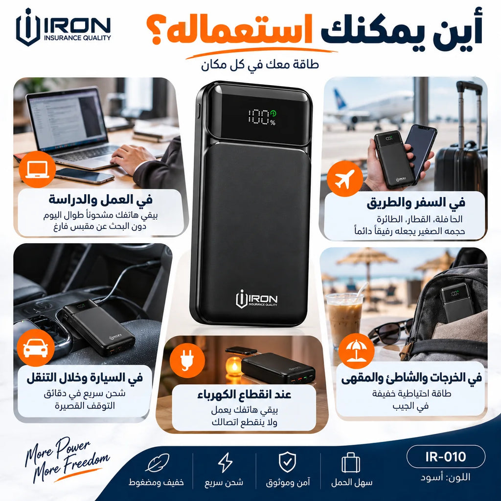باور بانك IRON 10000 مللي أمبير – Power Bank IR-010 | شحن سريع 22.5W مع كابل مدمج وشاشة رقمية