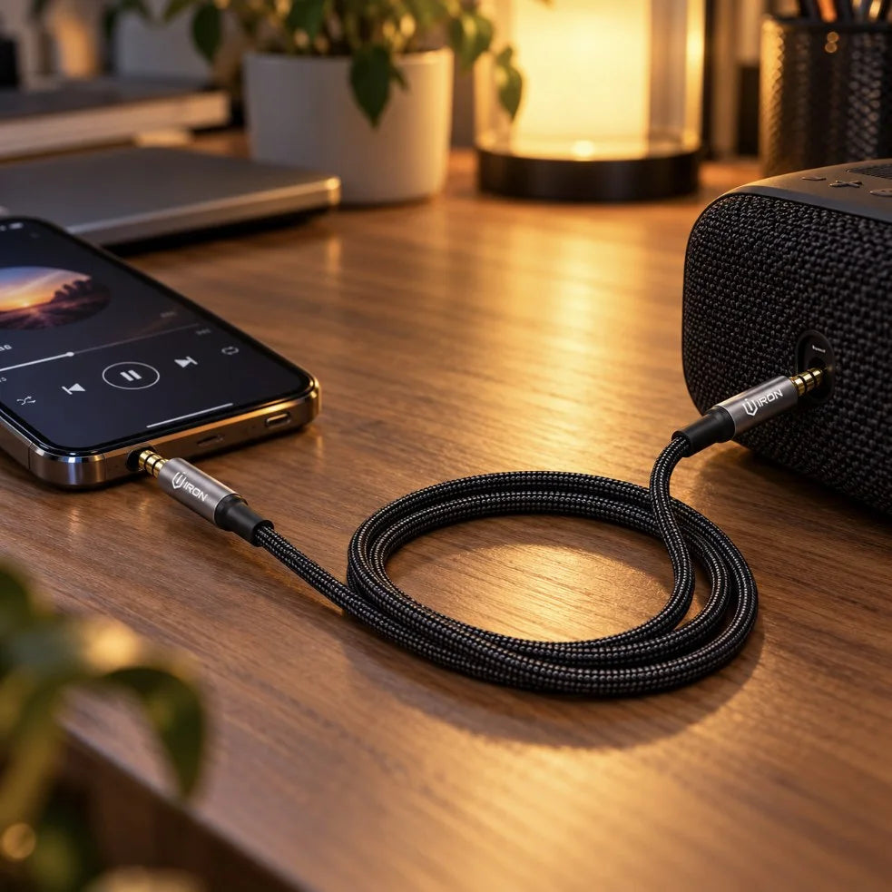 كابل AUX HiFi IRON IR-16 – Câble Jack 3.5mm إلى Jack 3.5mm | طول 1 متر مضفور