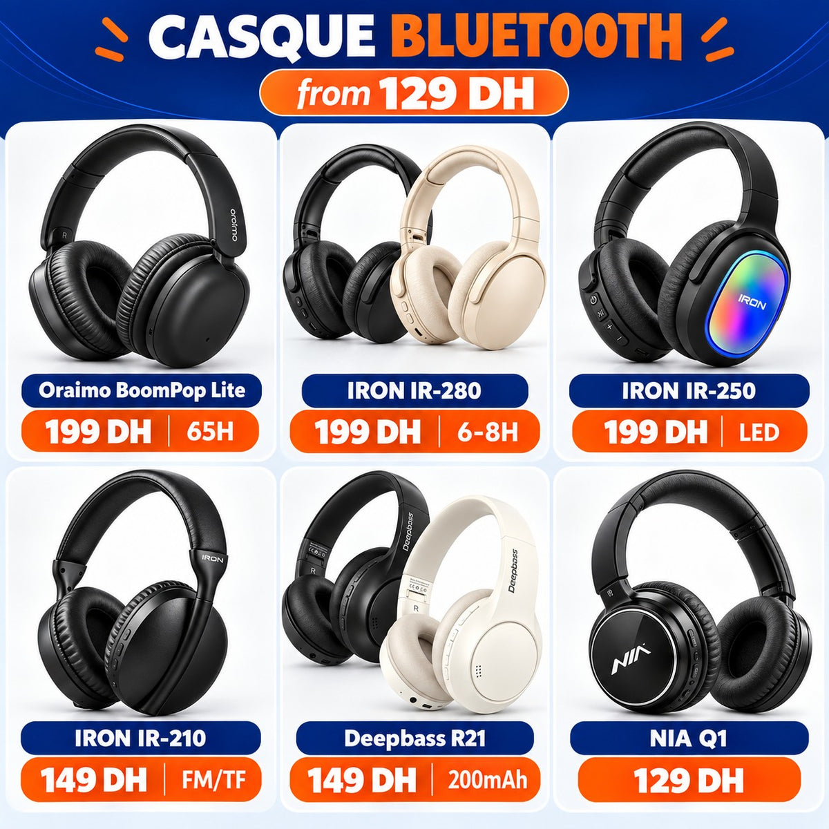 مقارنةسماعات الرأس IRON و Oraimo و Deepbass و NIA مع الأسعار - casque bluetooth maroc