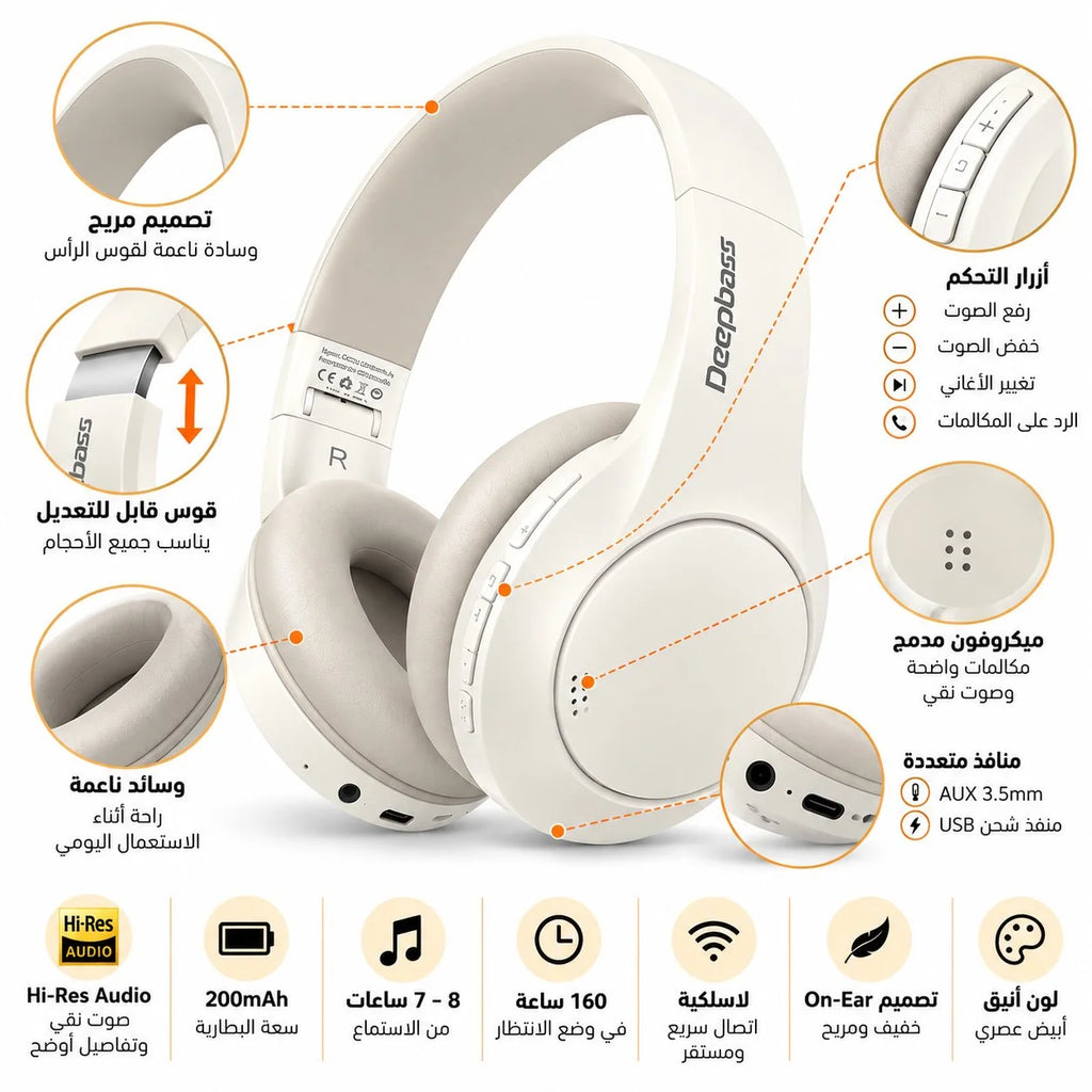 سماعة رأس لاسلكية Deepbass R21 – Casque Sans Fil Hi-Res | راديو FM ومشغّل MP3 – حتى 8 ساعات – أسود أو أبيض
