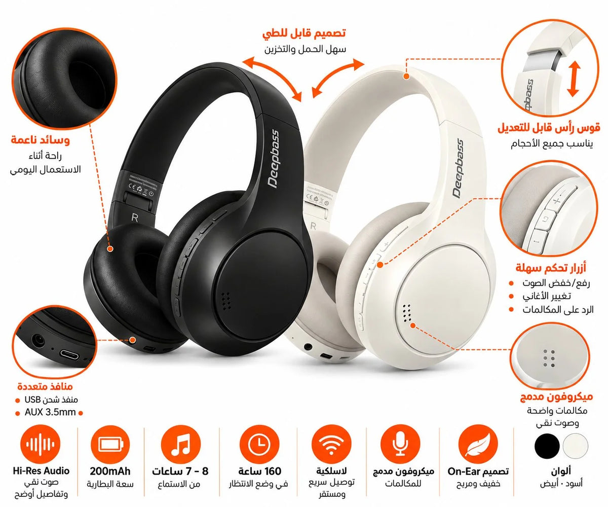 سماعة رأس لاسلكية Deepbass R21 – Casque Sans Fil Hi-Res | راديو FM ومشغّل MP3 – حتى 8 ساعات – أسود أو أبيض