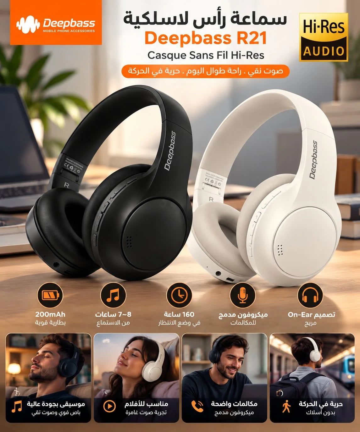 سماعة رأس لاسلكية Deepbass R21 – Casque Sans Fil Hi-Res | راديو FM ومشغّل MP3 – حتى 8 ساعات – أسود أو أبيض