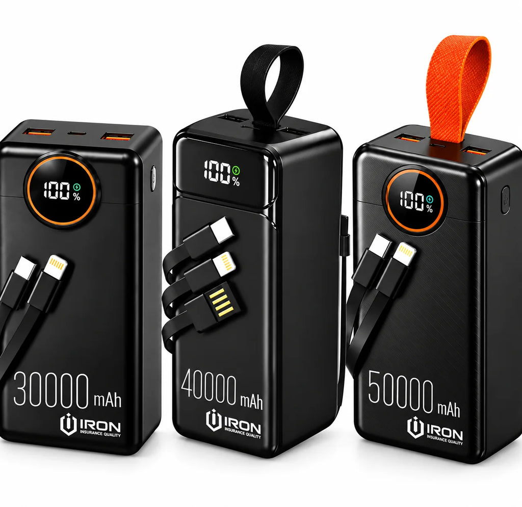 باور بانك IRON – Power Bank | 30000 · 40000 · 50000 مللي أمبير | شحن 22.5W وكابل مدمج + باك مع مشترك كهربائي أو كشاف