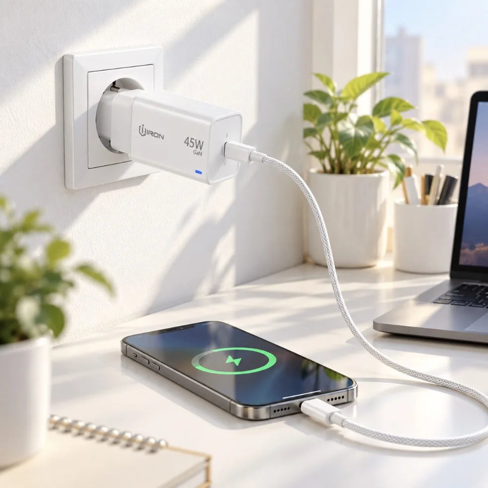 شاحن IRON IR-C200 – Chargeur GaN 45W PD | شحن فائق مع كابل Type-C ومؤشر LED
