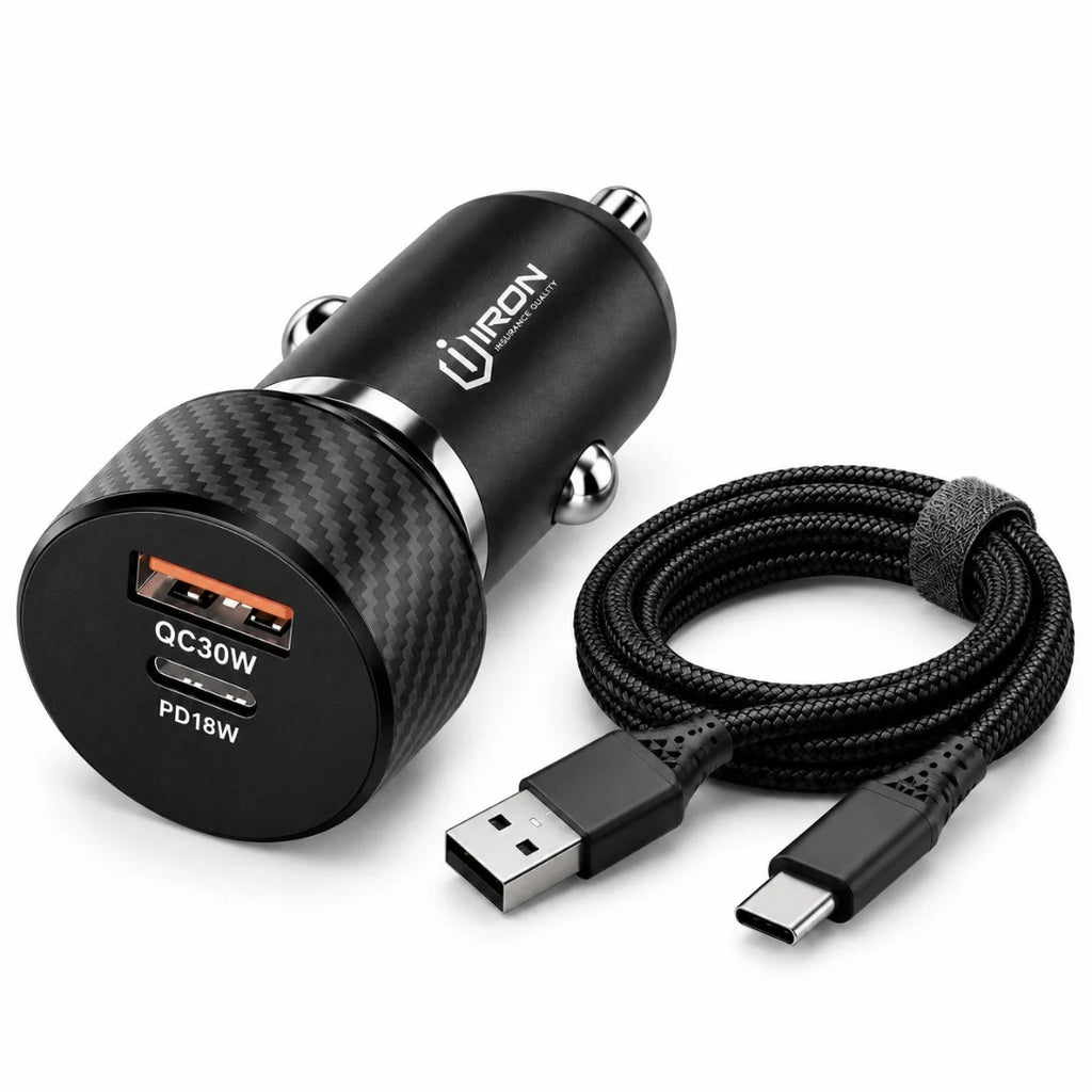 شاحن سيارة IRON 48W – Chargeur Voiture PD + USB | QC 30W و PD 18W مع كابل Type-C
