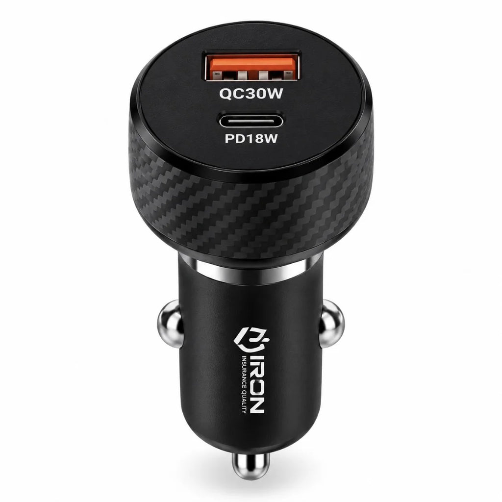 شاحن سيارة IRON 48W – Chargeur Voiture PD + USB | QC 30W و PD 18W مع كابل Type-C