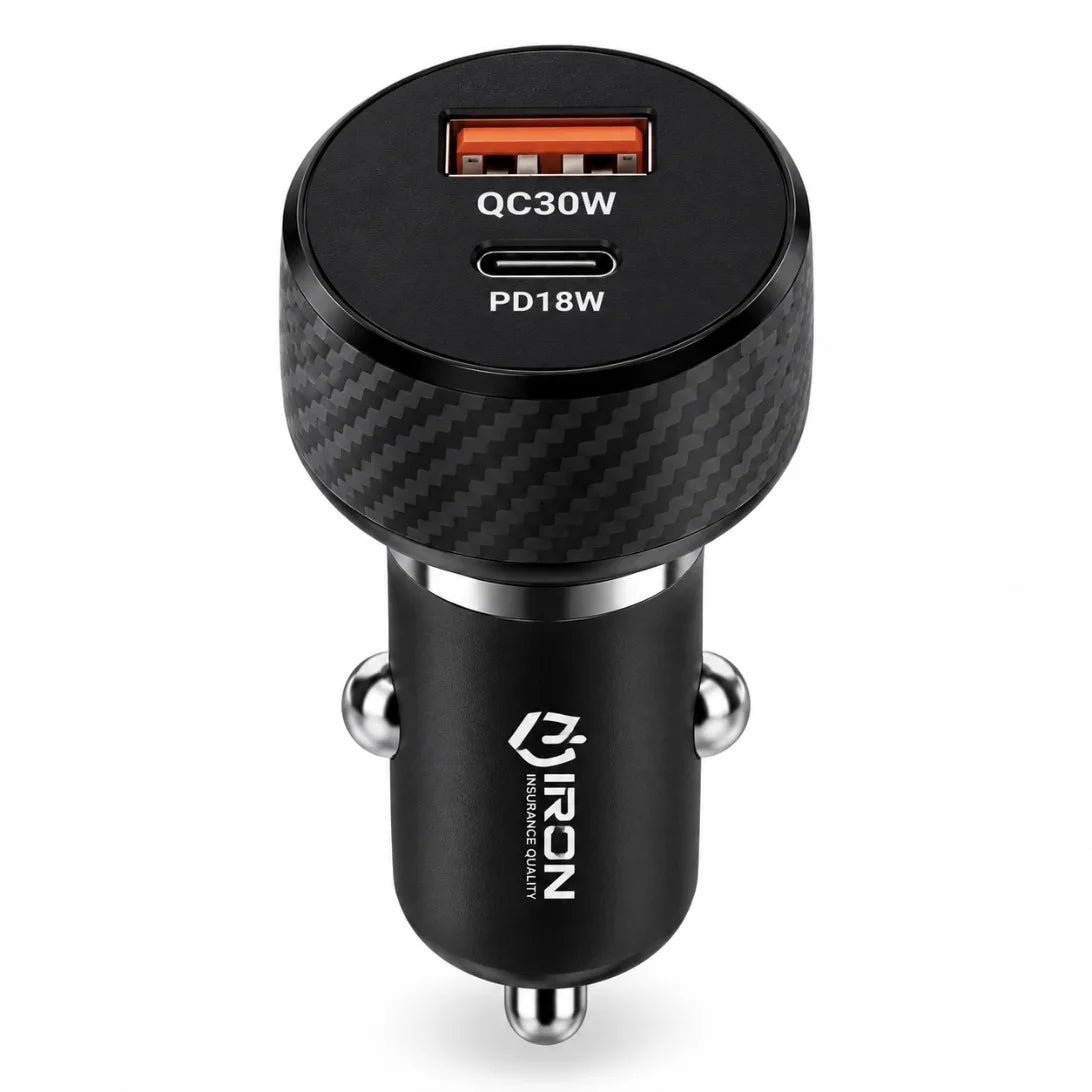 شاحن سيارة IRON 48W – Chargeur Voiture PD + USB | QC 30W و PD 18W مع كابل Type-C