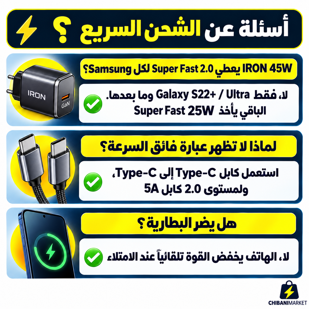 شاحن سريع – اختر القوة والسعر: 10W · 45W GaN · 22W PD+QC4.0 | Chargeur Rapide مع الكابل