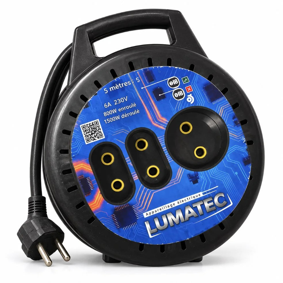 مشترك كهربائي بكرة LUMATEC 5 متر – Enrouleur Électrique 5M | 3 مقابس 6A