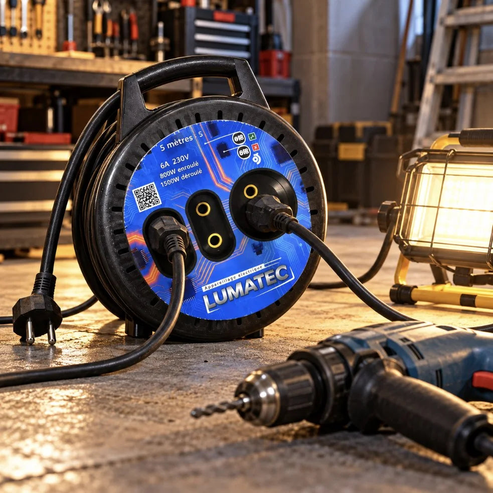 مشترك كهربائي بكرة LUMATEC 5 متر – Enrouleur Électrique 5M | 3 مقابس 6A