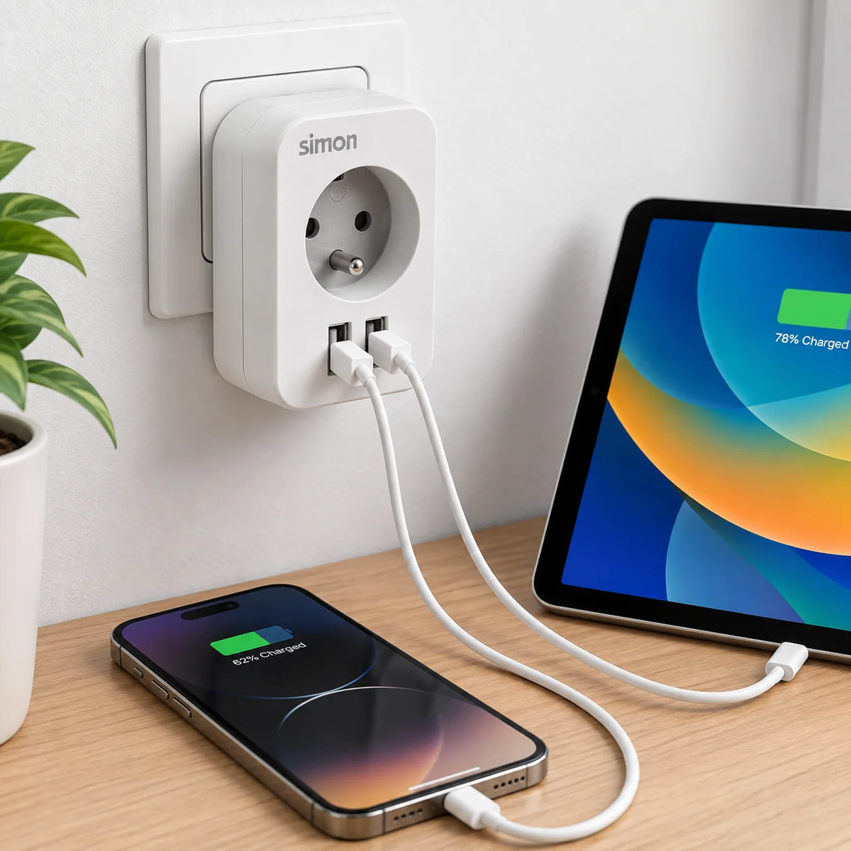 محول كهربائي Simon بمقبس فرنسي + منفذي USB – Adaptateur Combi 16A 3680W – شحن ذكي 17 واط