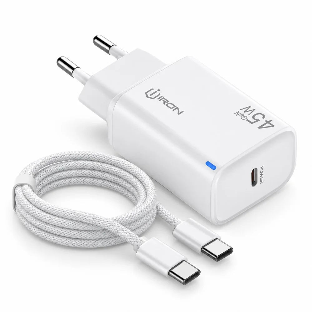 شاحن IRON IR-C200 – Chargeur GaN 45W PD | شحن فائق مع كابل Type-C ومؤشر LED