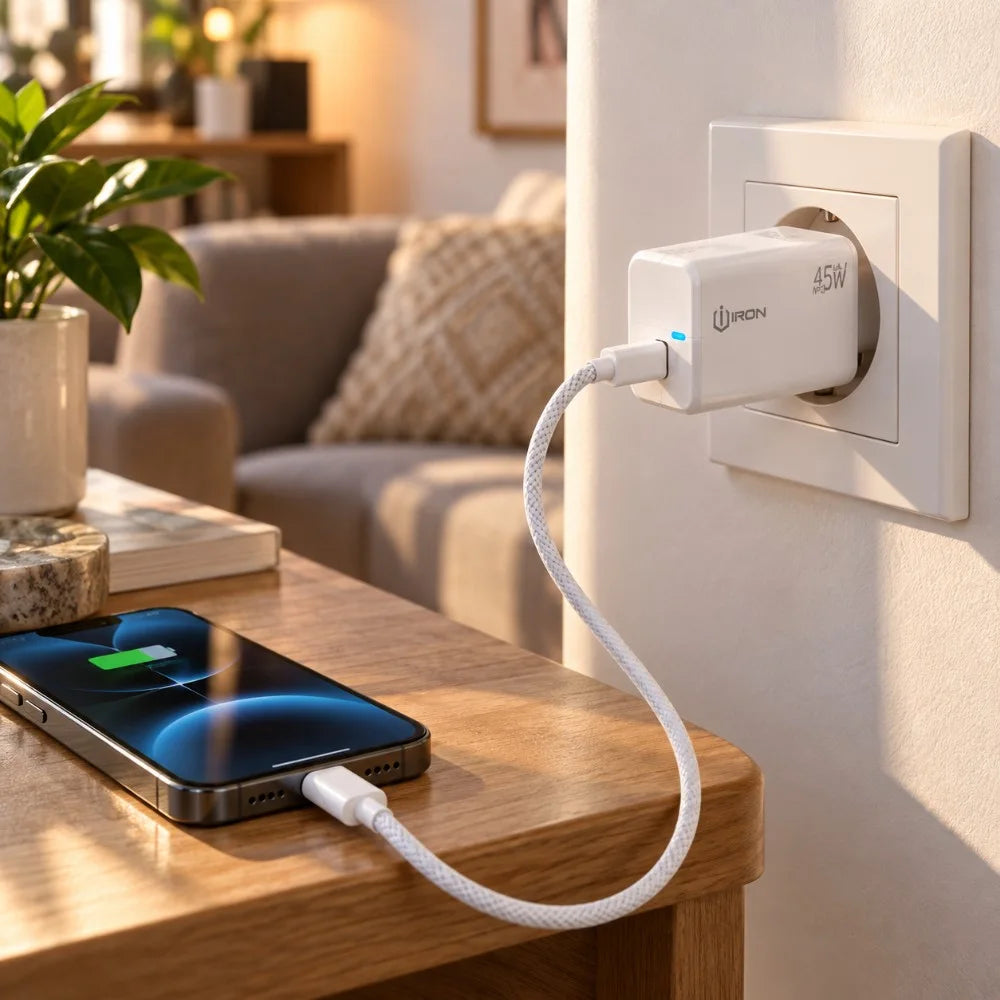 شاحن IRON IR-C200 – Chargeur GaN 45W PD | شحن فائق مع كابل Type-C ومؤشر LED