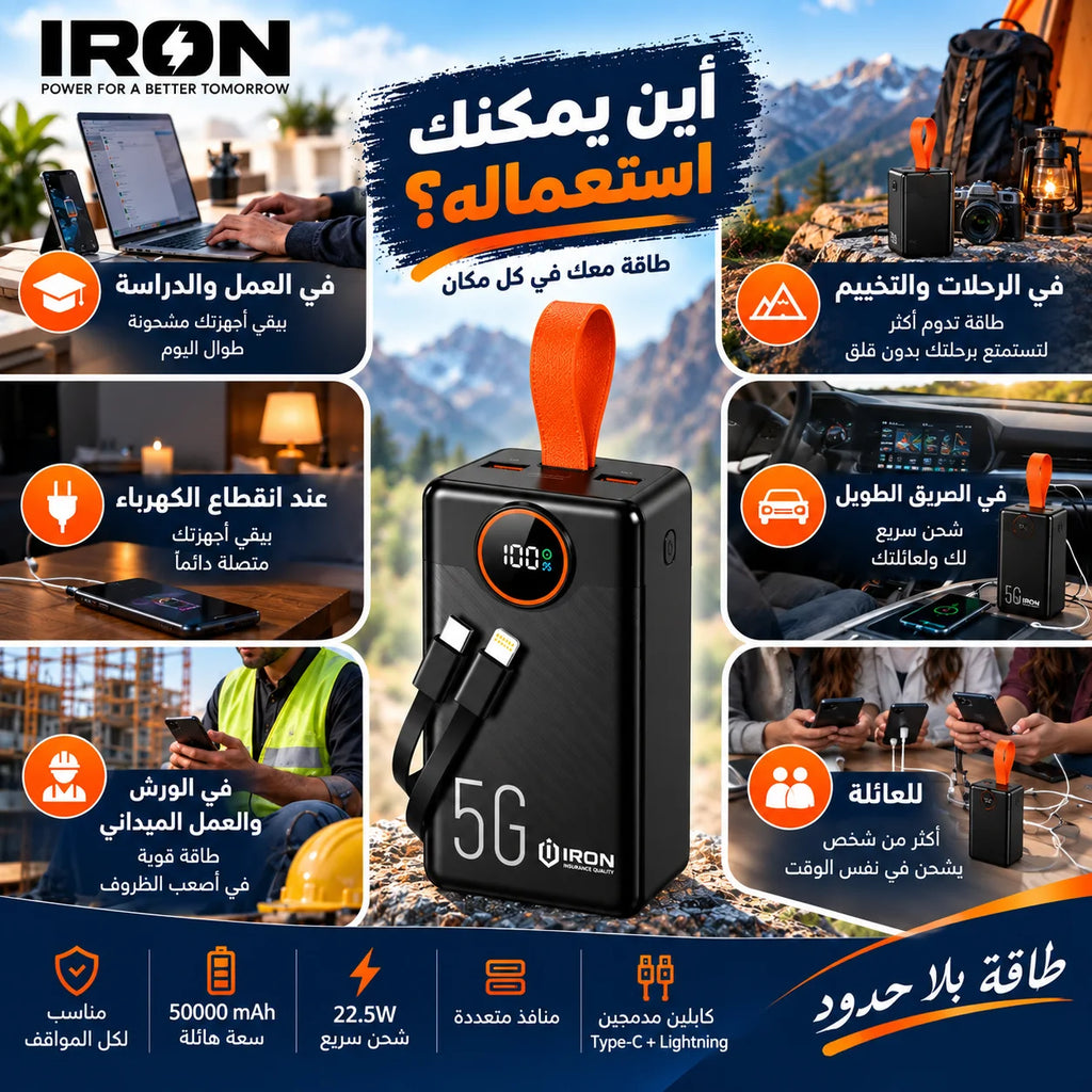 باور بانك IRON 50000 مللي أمبير – Power Bank | شحن سريع 22.5W مع كابلين مدمجين وشاشة رقمية