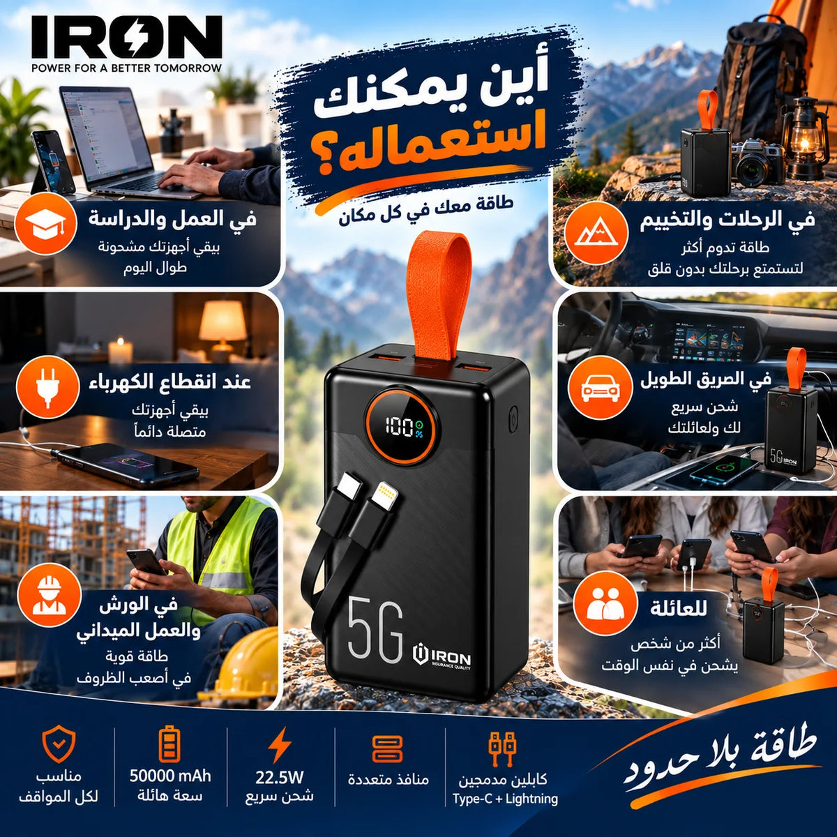 باور بانك IRON 50000 مللي أمبير – Power Bank | شحن سريع 22.5W مع كابلين مدمجين وشاشة رقمية