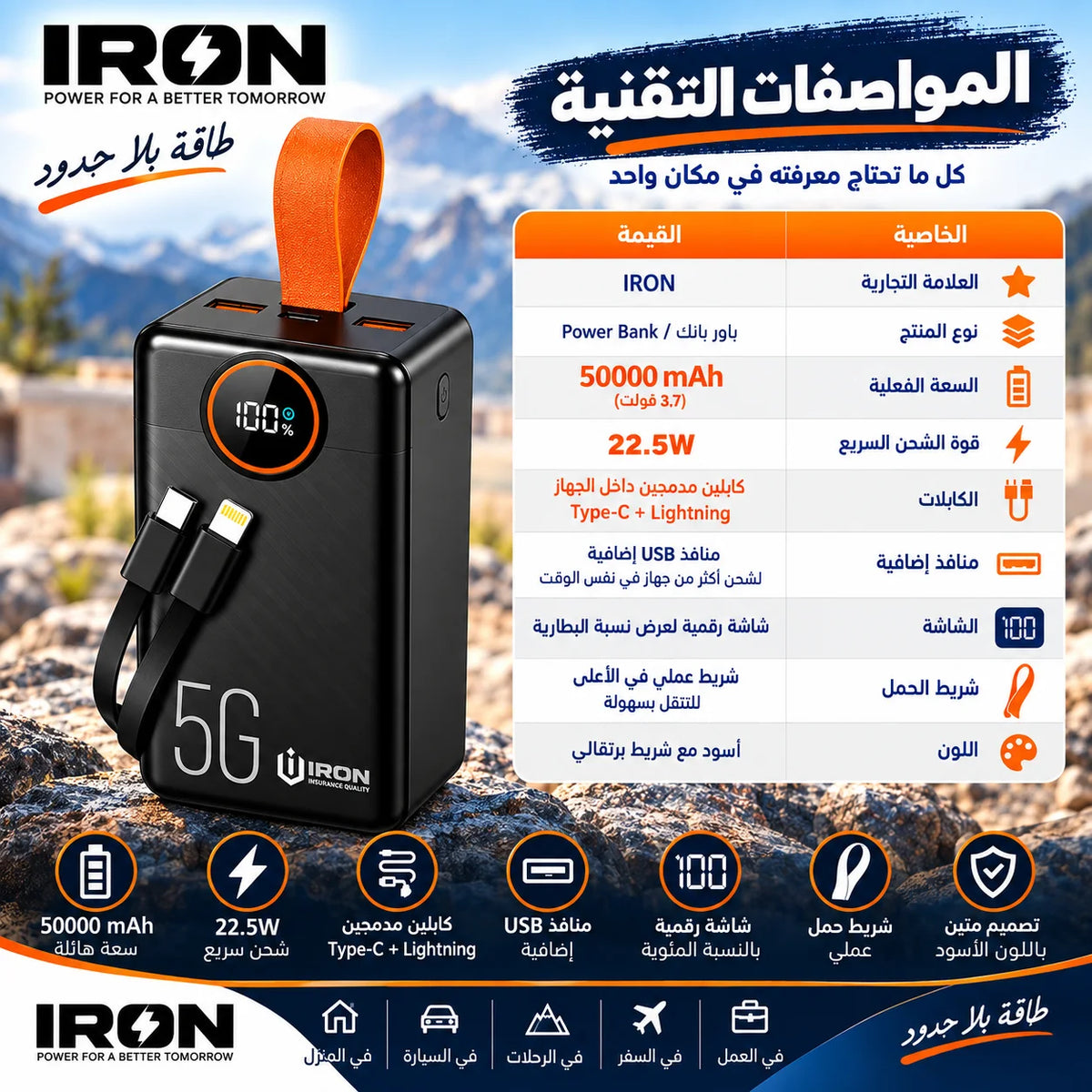 باور بانك IRON 50000 مللي أمبير – Power Bank | شحن سريع 22.5W مع كابلين مدمجين وشاشة رقمية