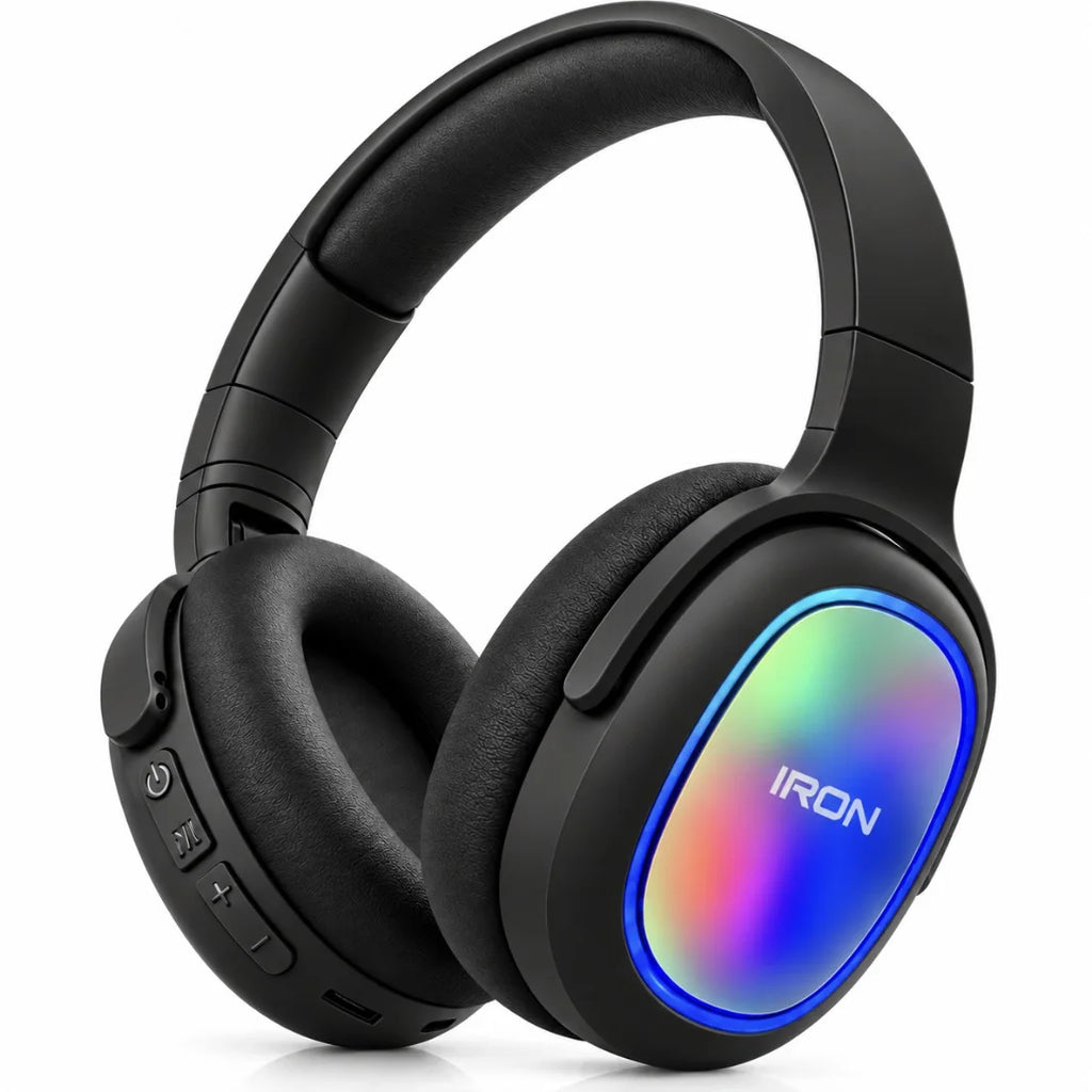 سماعة رأس لاسلكية IRON IR-250 – Casque Bluetooth V5.3 | راديو FM ومشغّل MP3 وإضاءة ملوّنة