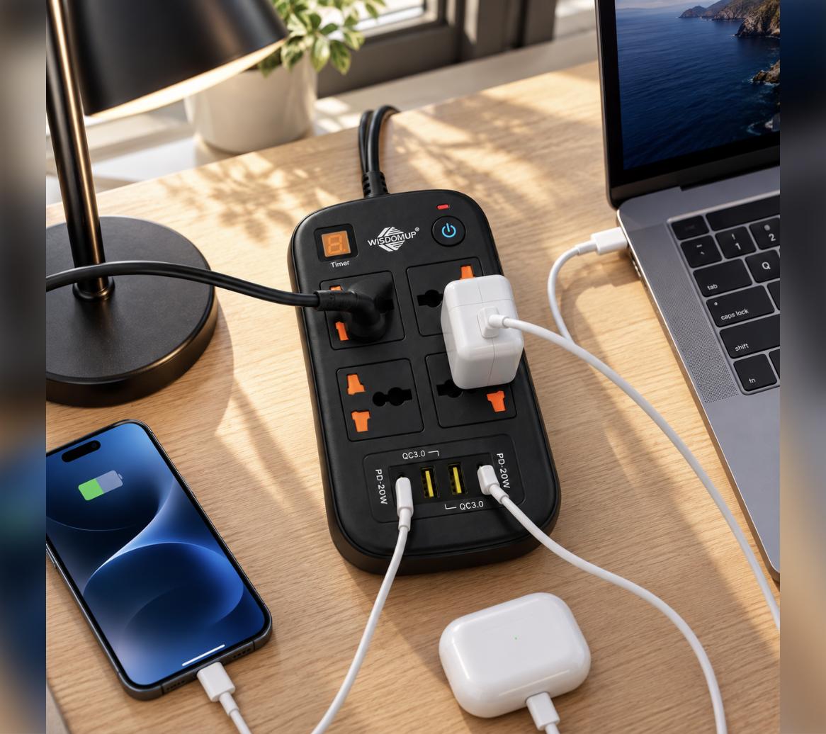 مشترك كهربائي WISDOMUP SPQ-09 – Multiprise 4 مآخذ + 4 USB شحن سريع 40W | 3500W