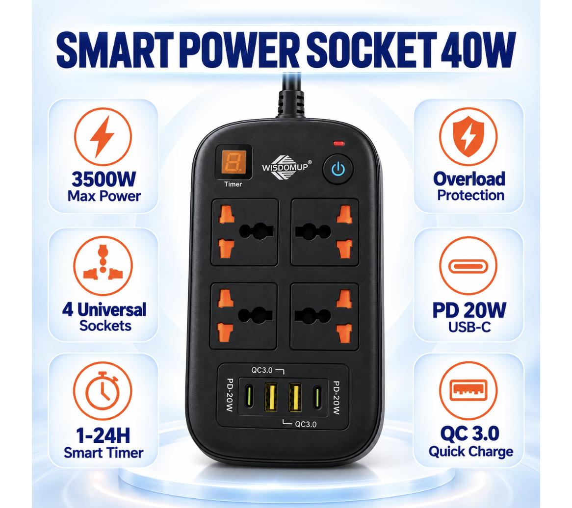 مشترك كهربائي WISDOMUP SPQ-09 – Multiprise 4 مآخذ + 4 USB شحن سريع 40W | 3500W
