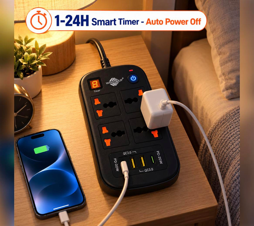 مشترك كهربائي WISDOMUP SPQ-09 – Multiprise 4 مآخذ + 4 USB شحن سريع 40W | 3500W
