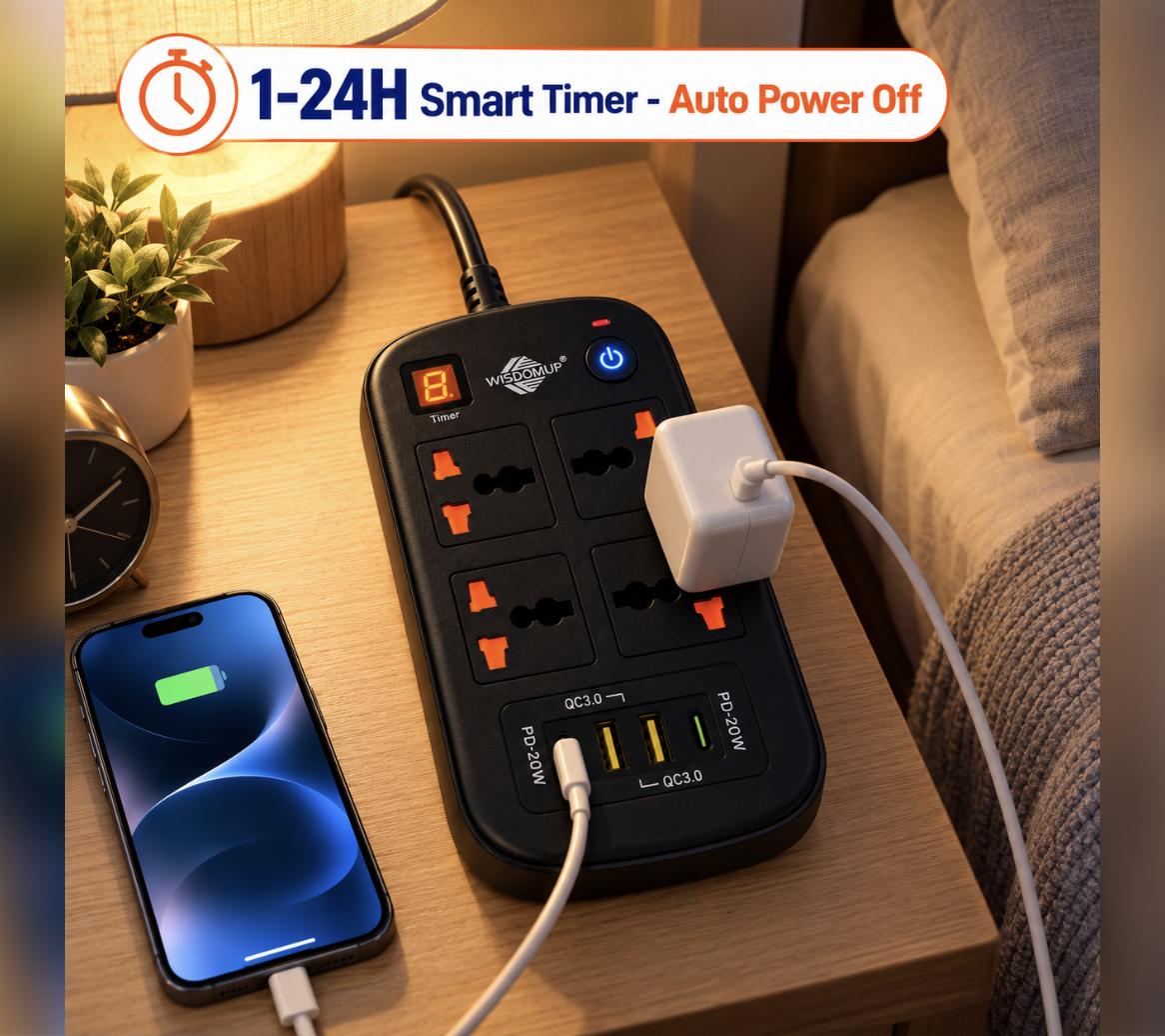 مشترك كهربائي WISDOMUP SPQ-09 – Multiprise 4 مآخذ + 4 USB شحن سريع 40W | 3500W
