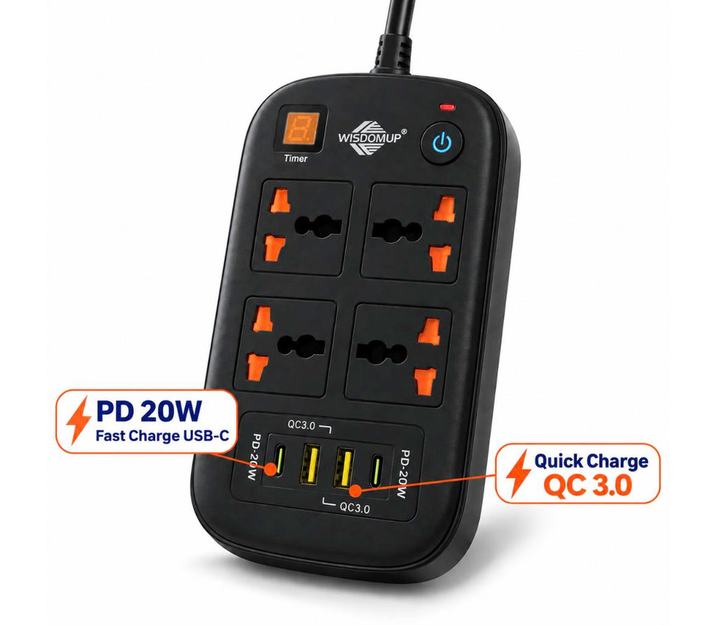 مشترك كهربائي WISDOMUP SPQ-09 – Multiprise 4 مآخذ + 4 USB شحن سريع 40W | 3500W