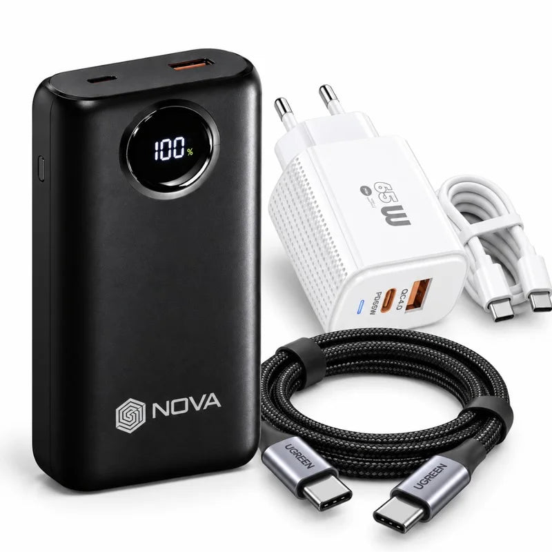 باور بانك NOVA PR-21 – 20000 مللي أمبير | Power Bank شحن سريع 22.5W مع كابلين Type-C وLightning