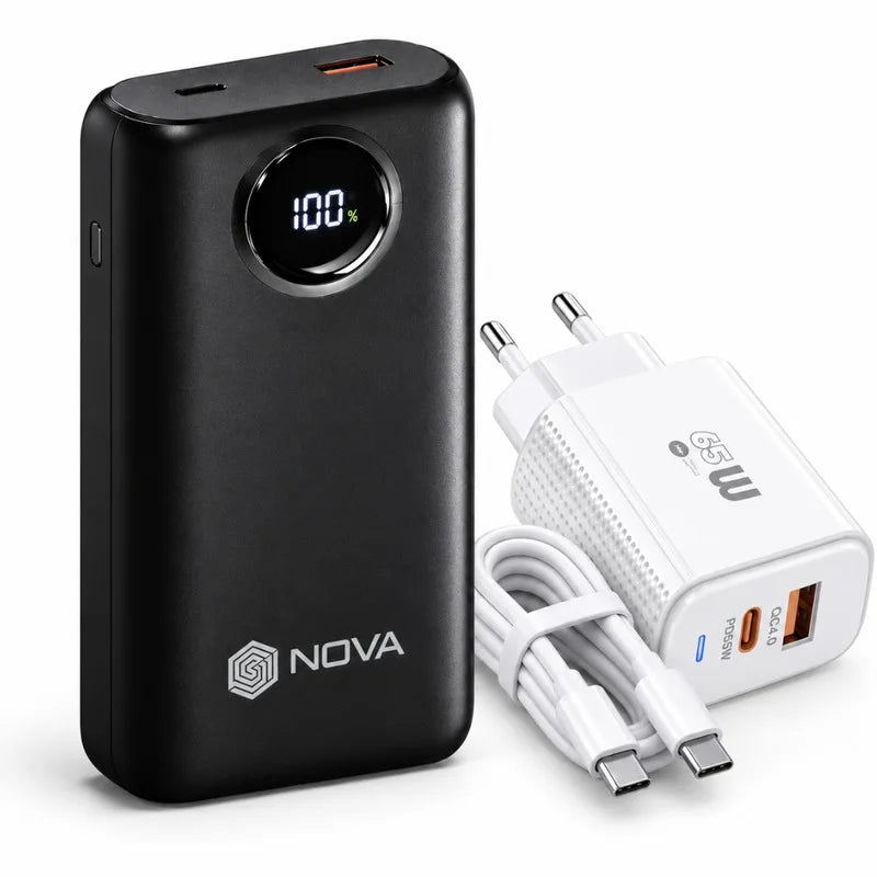 باور بانك NOVA PR-21 – 20000 مللي أمبير | Power Bank شحن سريع 22.5W مع كابلين Type-C وLightning