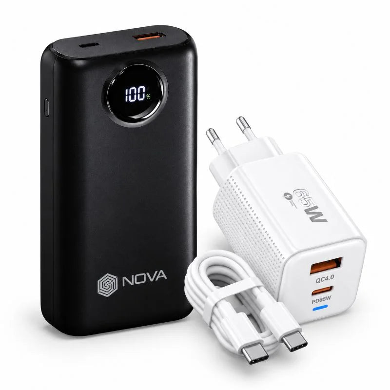 باور بانك NOVA PR-21 – 20000 مللي أمبير | Power Bank شحن سريع 22.5W مع كابلين Type-C وLightning
