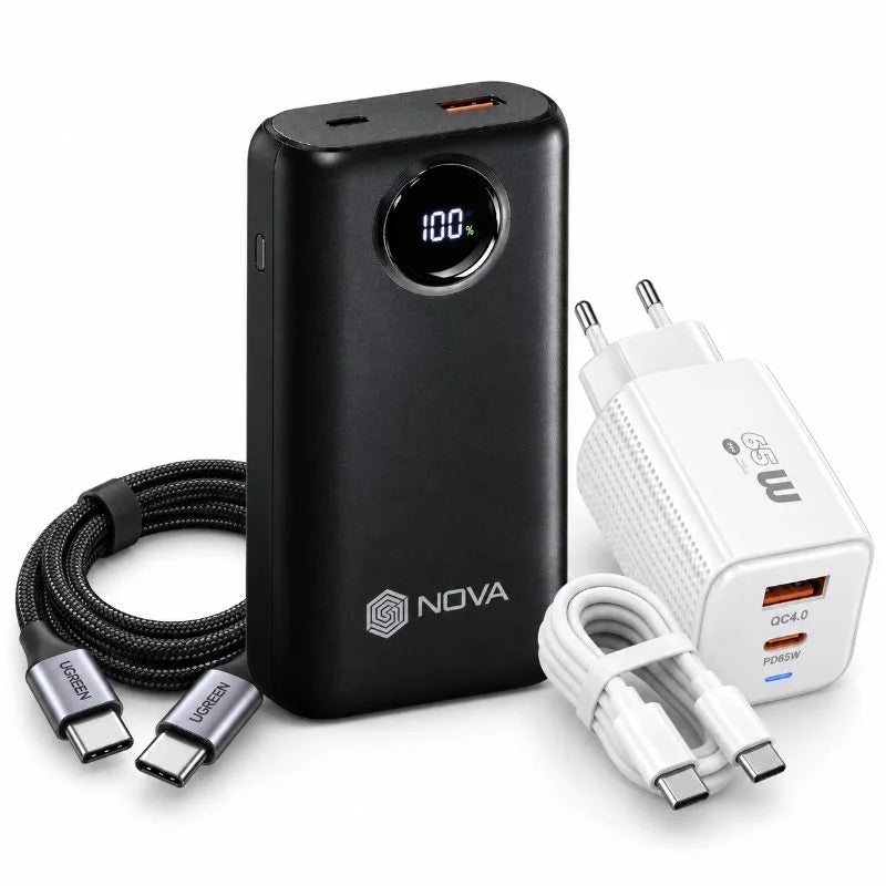 باور بانك NOVA PR-21 – 20000 مللي أمبير | Power Bank شحن سريع 22.5W مع كابلين Type-C وLightning