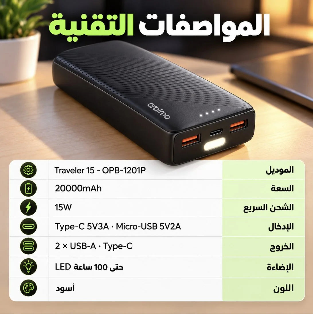 باور بانك Oraimo Traveler 15 – 20000 مللي أمبير | Power Bank شحن سريع 15W Type-C مع مصباح LED