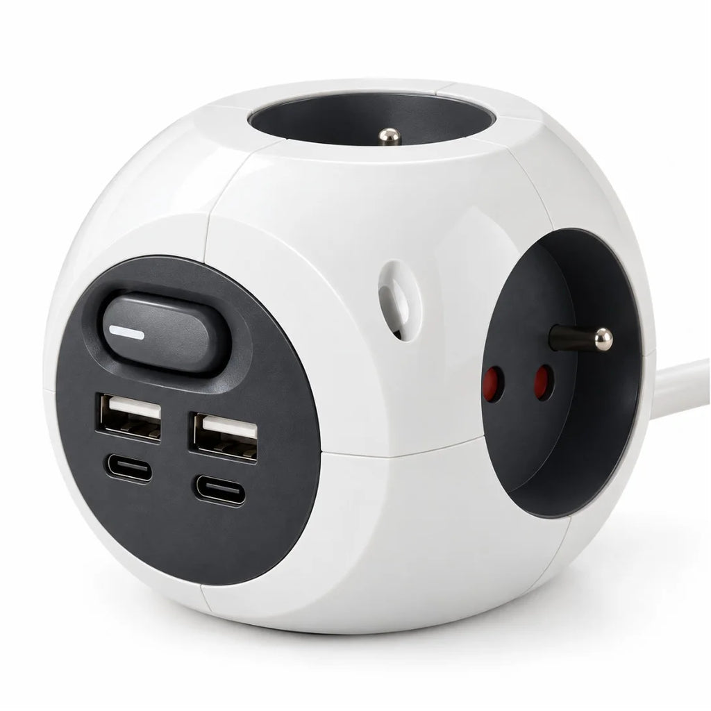 مشترك كهربائي Simon Combiball – Multiprise 3 مآخذ + 2 USB-A + 2 USB-C مع زر تشغيل