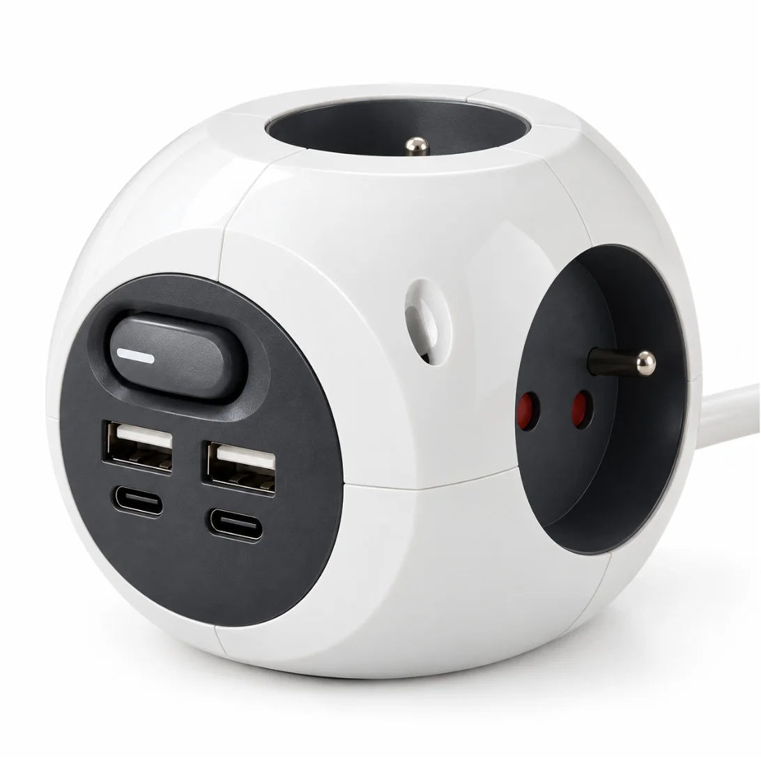 مشترك كهربائي Simon Combiball – Multiprise 3 مآخذ + 2 USB-A + 2 USB-C مع زر تشغيل