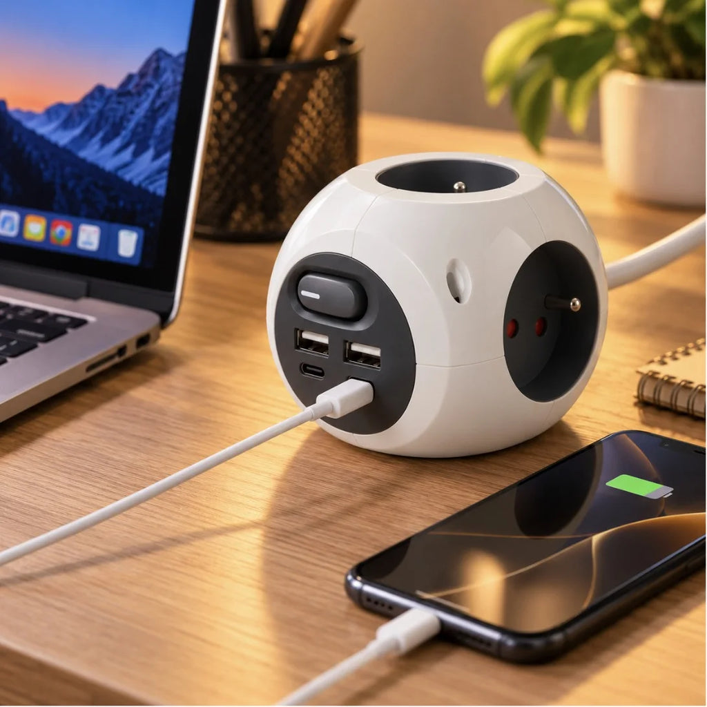 مشترك كهربائي Simon Combiball – Multiprise 3 مآخذ + 2 USB-A + 2 USB-C مع زر تشغيل