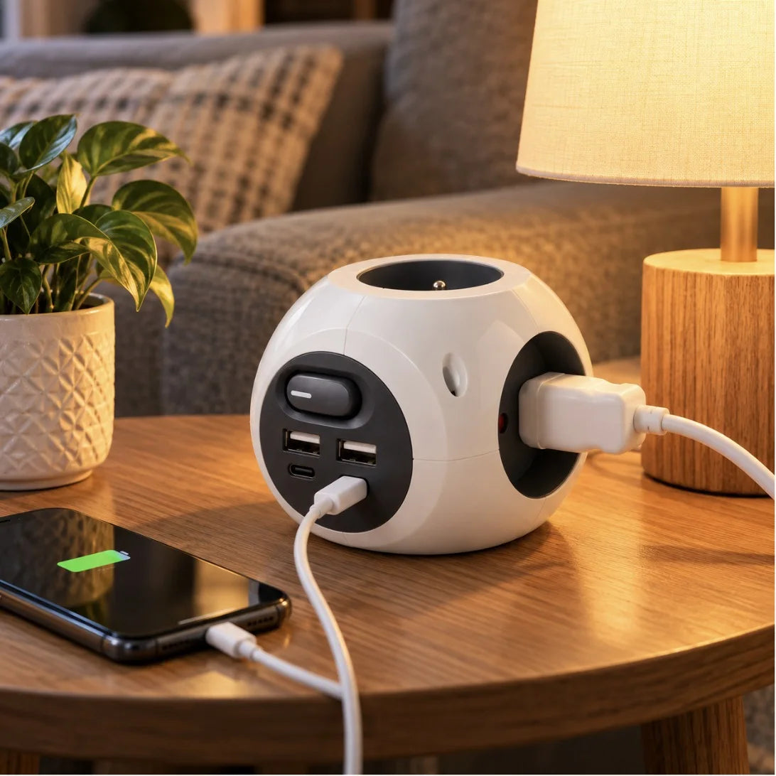 مشترك كهربائي Simon Combiball – Multiprise 3 مآخذ + 2 USB-A + 2 USB-C مع زر تشغيل