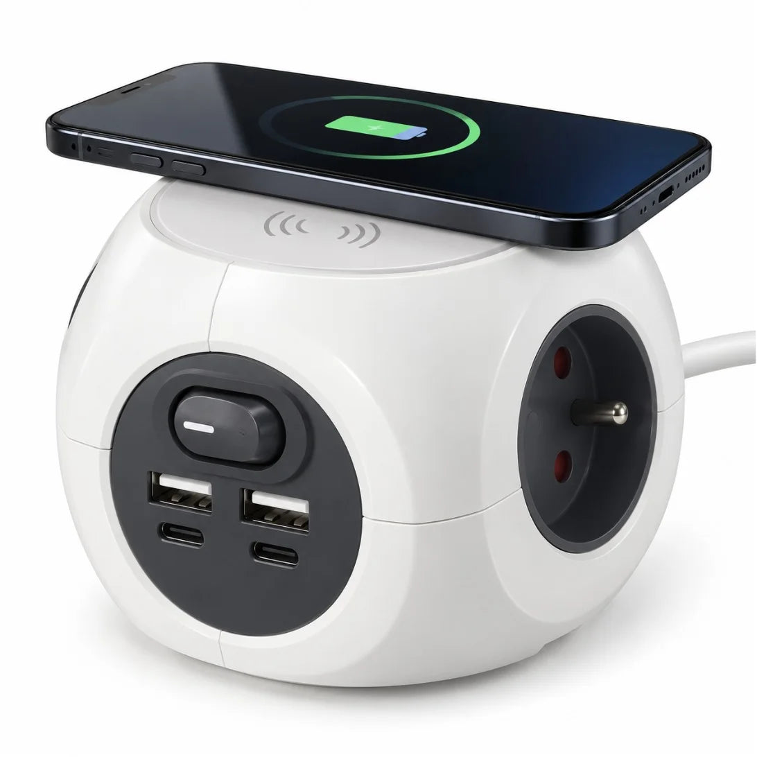 مشترك كهربائي Simon Combiball مع شاحن لاسلكي – Multiprise 3 مآخذ + USB-A/USB-C + Chargeur sans fil