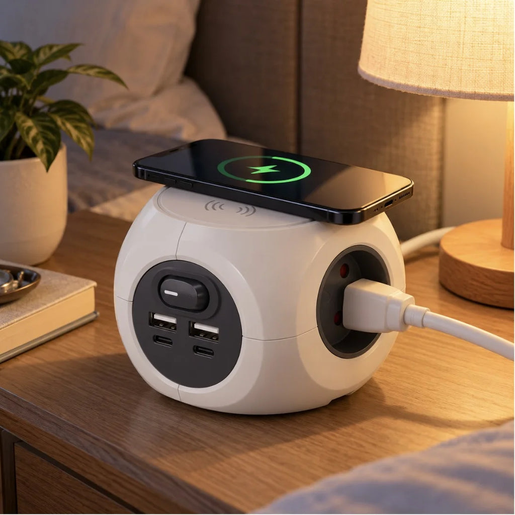 مشترك كهربائي Simon Combiball مع شاحن لاسلكي – Multiprise 3 مآخذ + USB-A/USB-C + Chargeur sans fil