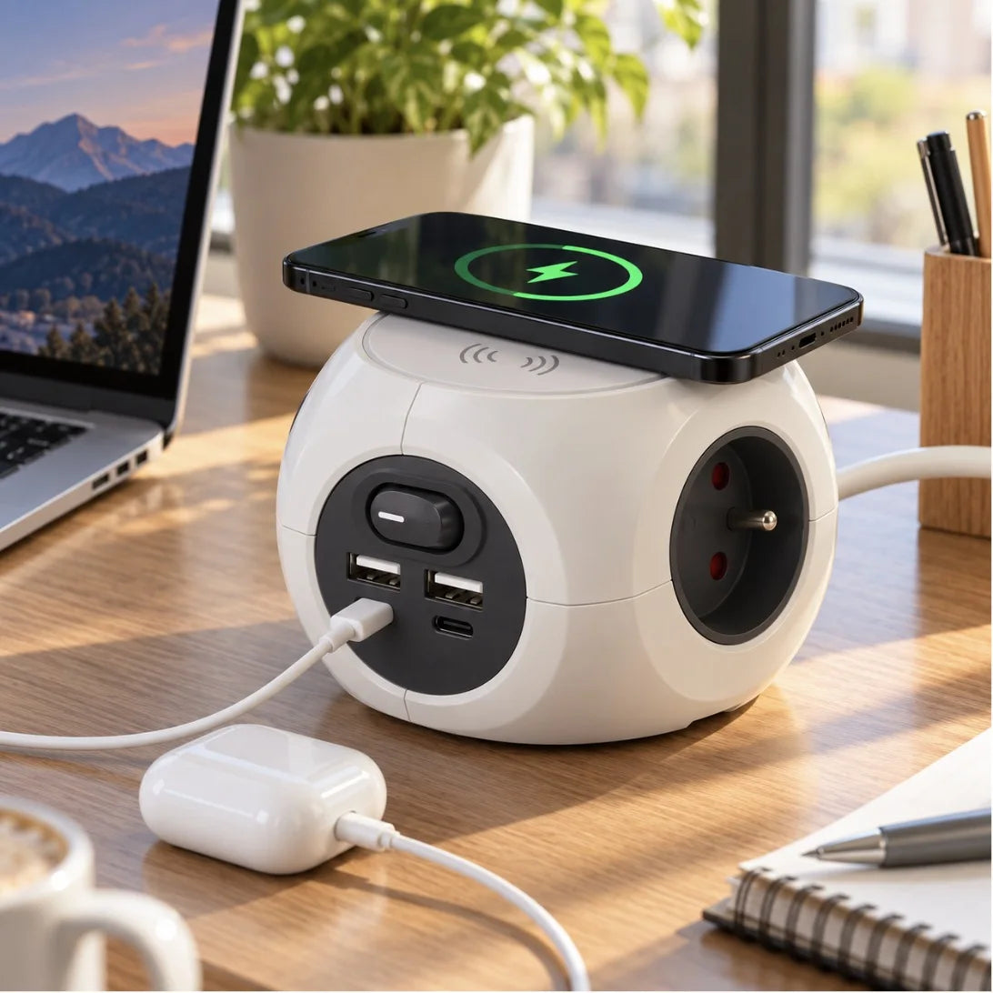 مشترك كهربائي Simon Combiball مع شاحن لاسلكي – Multiprise 3 مآخذ + USB-A/USB-C + Chargeur sans fil
