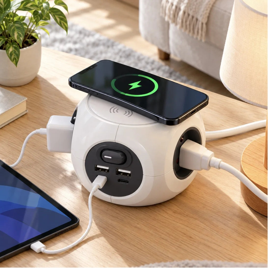 مشترك كهربائي Simon Combiball مع شاحن لاسلكي – Multiprise 3 مآخذ + USB-A/USB-C + Chargeur sans fil