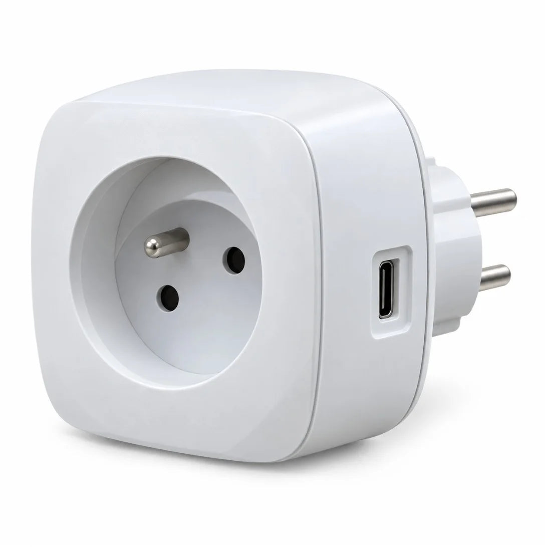 محوّل مأخذ Simon مع USB – Adaptateur prise 2P+T + 2 USB-A + 1 USB-C | 3.2A 15.8W