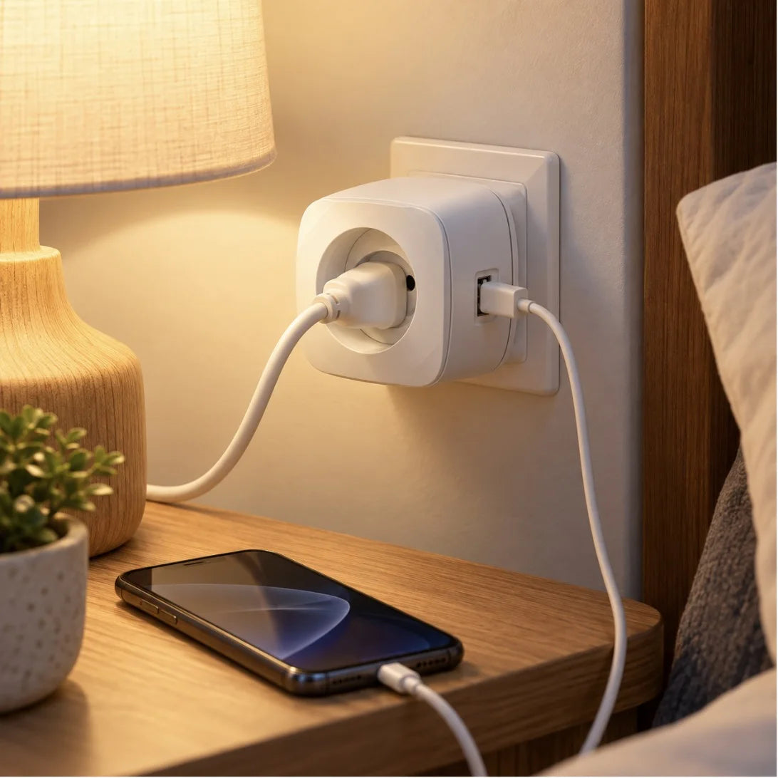 محوّل مأخذ Simon مع USB – Adaptateur prise 2P+T + 2 USB-A + 1 USB-C | 3.2A 15.8W