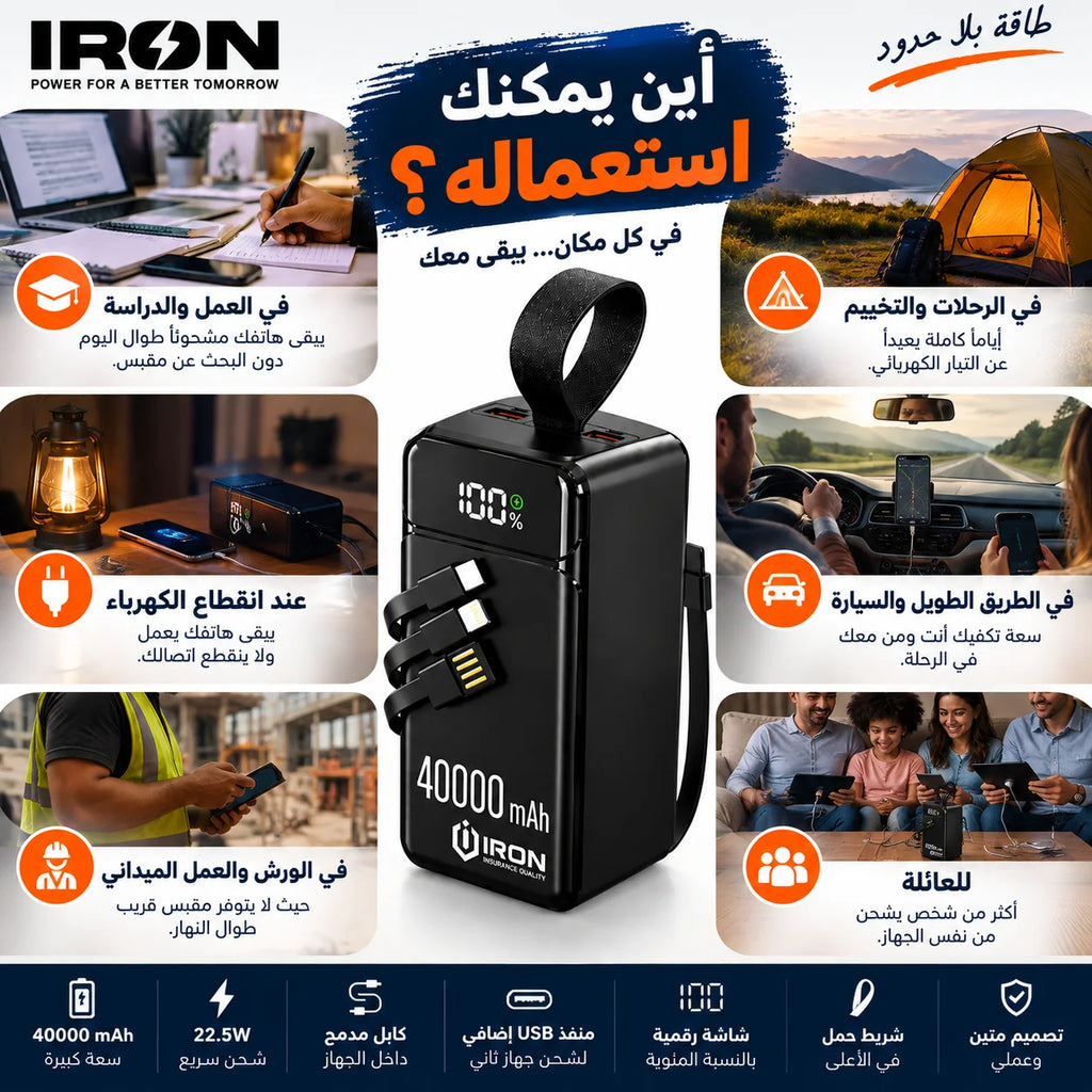 باور بانك IRON 40000 مللي أمبير – Power Bank | شحن سريع 22.5W مع كابل مدمج وشاشة رقمية