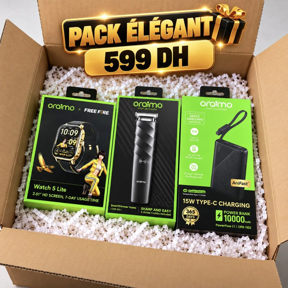 باقات Oraimo – Pack Cadeau | اختر باقتك: باك الموسيقى، الرجل الأنيق، الرجل العصري أو التقنية الكاملة بـ6 منتجات + هدية