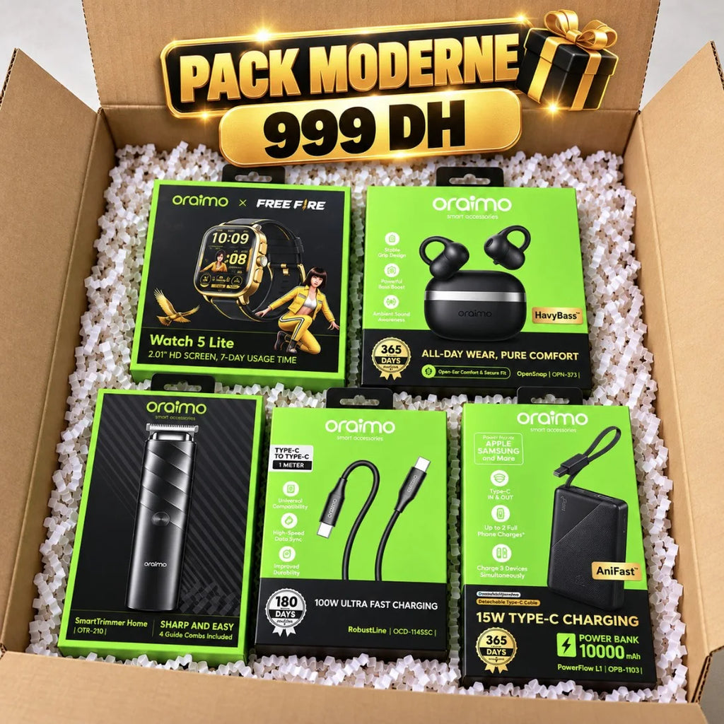 باقات Oraimo – Pack Cadeau | اختر باقتك: باك الموسيقى، الرجل الأنيق، الرجل العصري أو التقنية الكاملة بـ6 منتجات + هدية