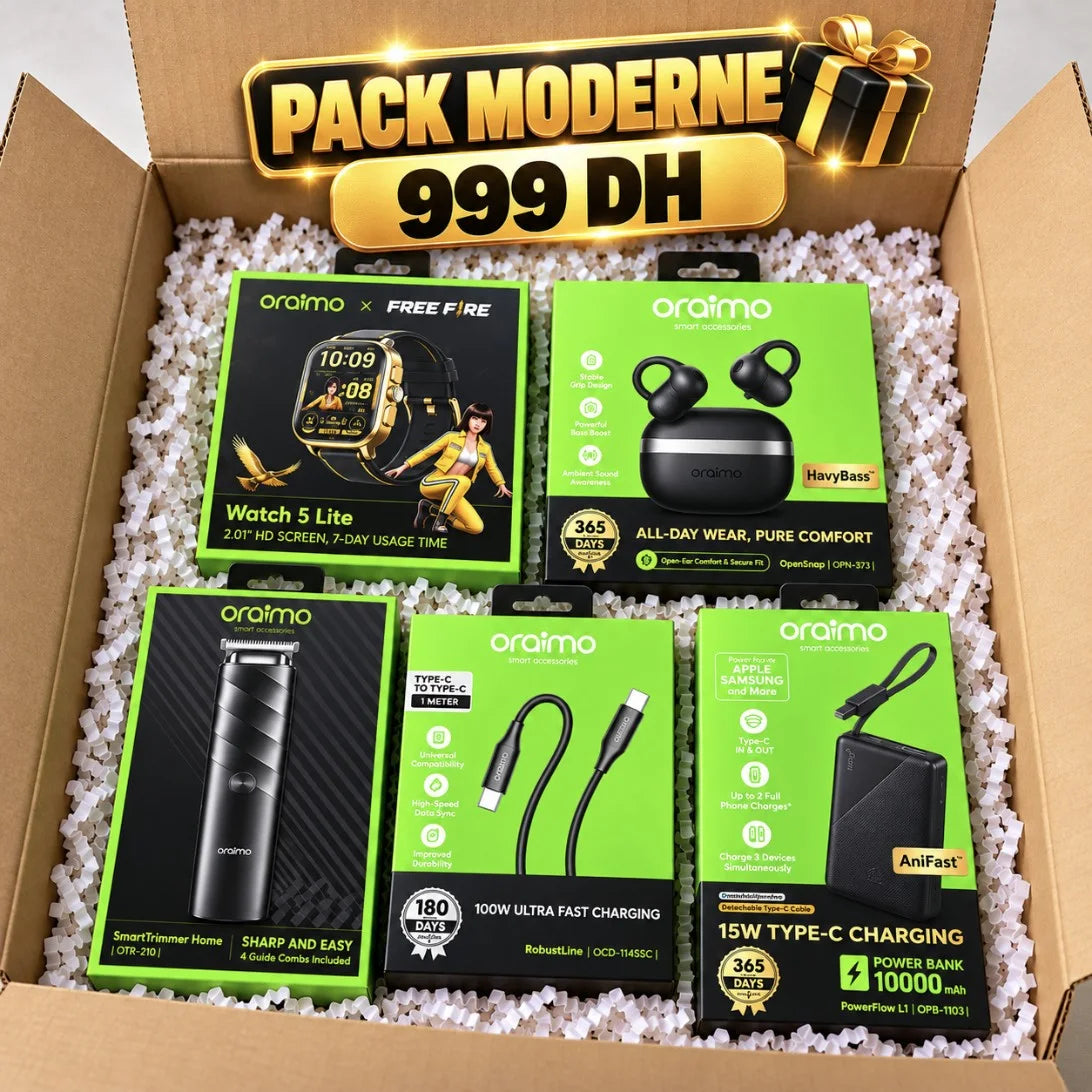 باقات Oraimo – Pack Cadeau | اختر باقتك: باك الموسيقى، الرجل الأنيق، الرجل العصري أو التقنية الكاملة بـ6 منتجات + هدية