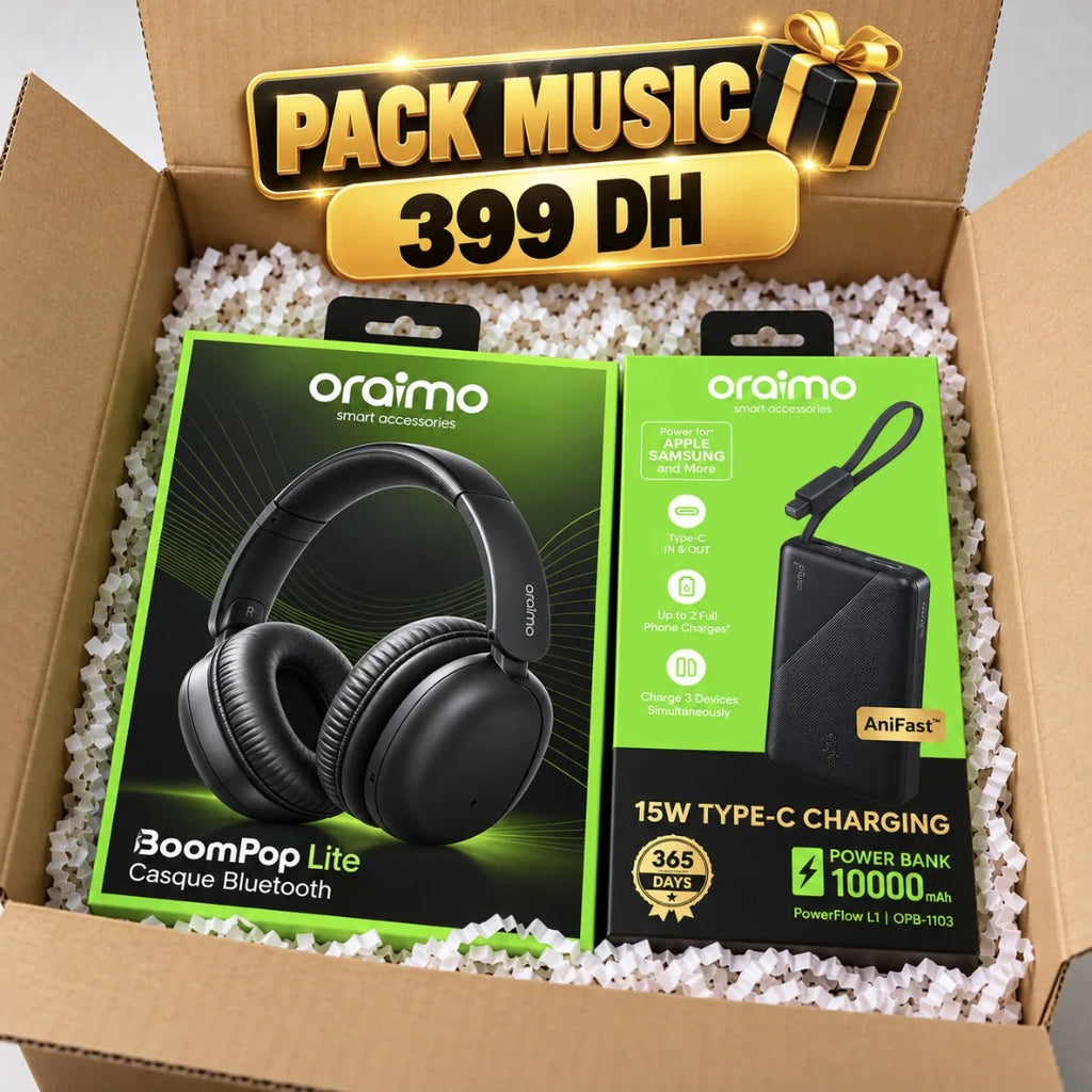 باقات Oraimo – Pack Cadeau | اختر باقتك: باك الموسيقى، الرجل الأنيق، الرجل العصري أو التقنية الكاملة بـ6 منتجات + هدية