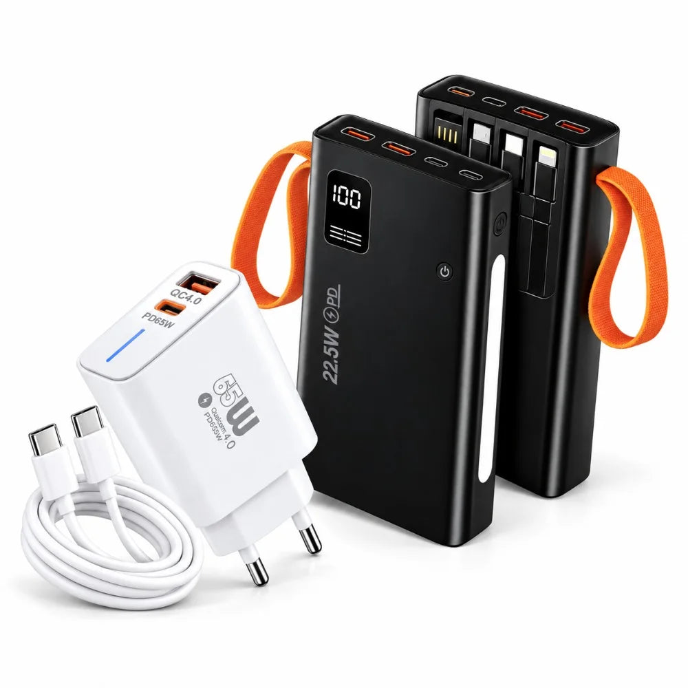 باور بانك N-02 – 20000 مللي أمبير | Power Bank شحن فائق 22,5W PD مع 4 كابلات مدمجة وشاشة رقمية